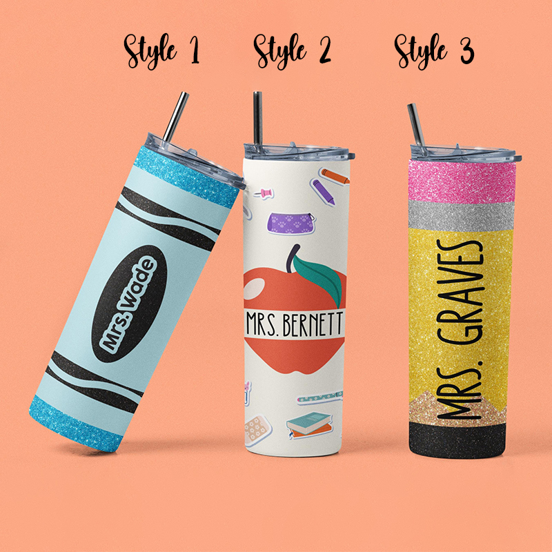 Personalized Name Glitter Pencil Apple Teacher Tumbler