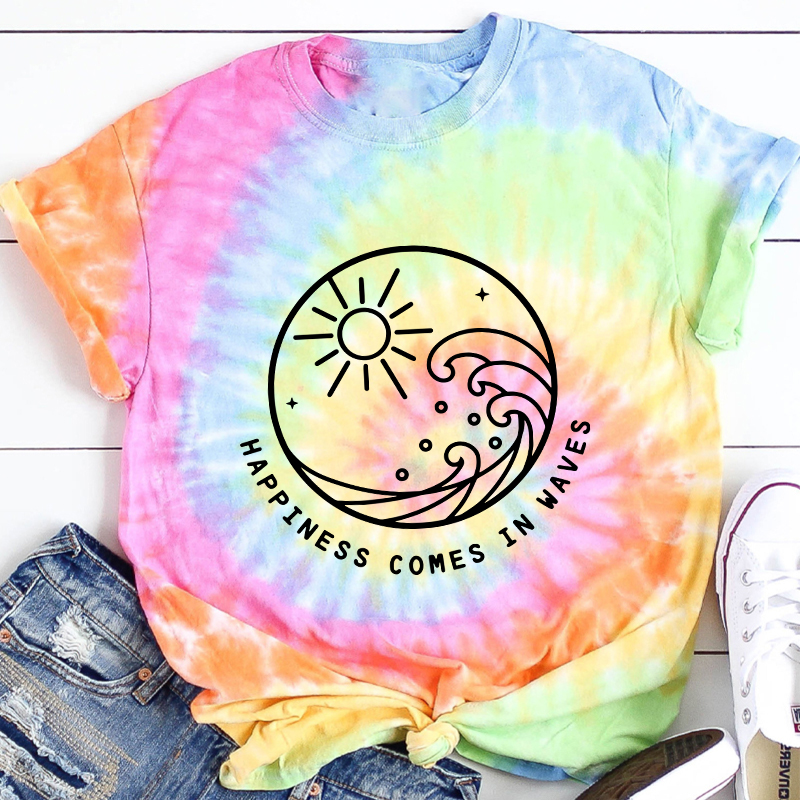 Happiness Comes In Waves Teacher Tie-dye T-Shirt