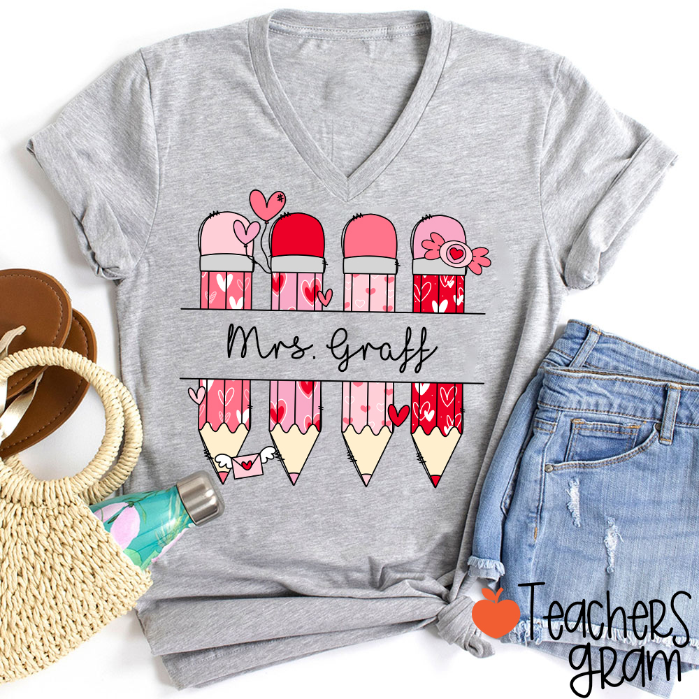 Personalized Pink Pencil Name Teacher Female V-Neck T-Shirt