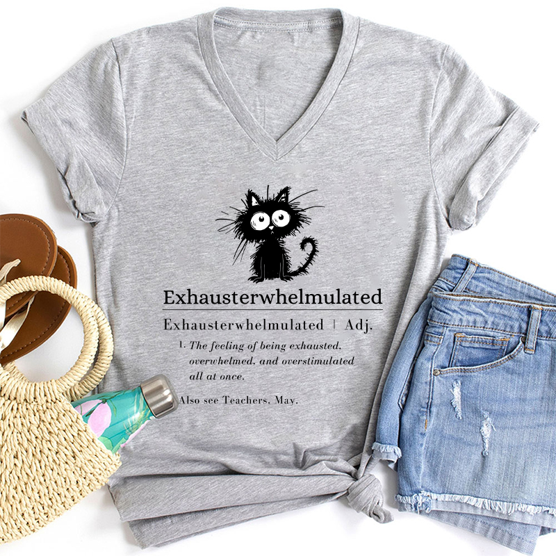 Exhausterwhelmulated Teacher Female V-Neck T-Shirt