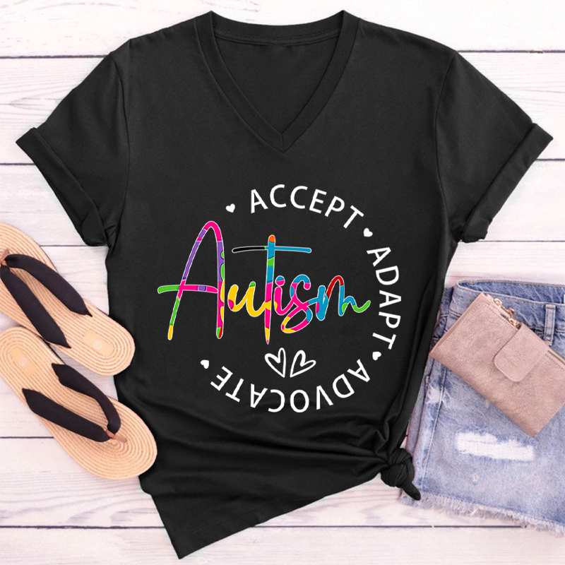 Autism Accept Adapt Advocate Teacher Female V-Neck T-Shirt