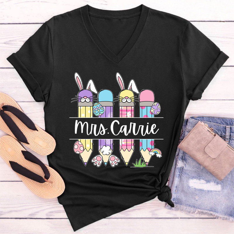 Personalized Easter Name Teacher Teacher Female V-Neck T-Shirt