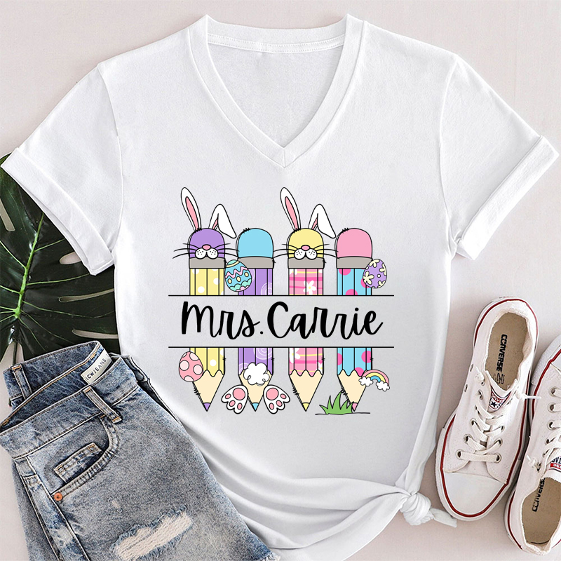 Personalized Easter Name Teacher Teacher Female V-Neck T-Shirt