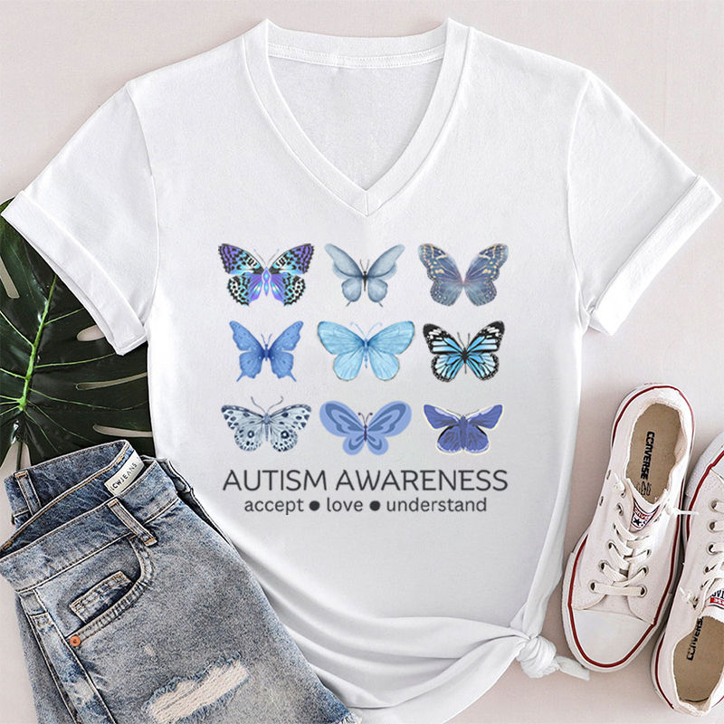 Autism Awareness Butterfly Teacher Female V-Neck T-Shirt