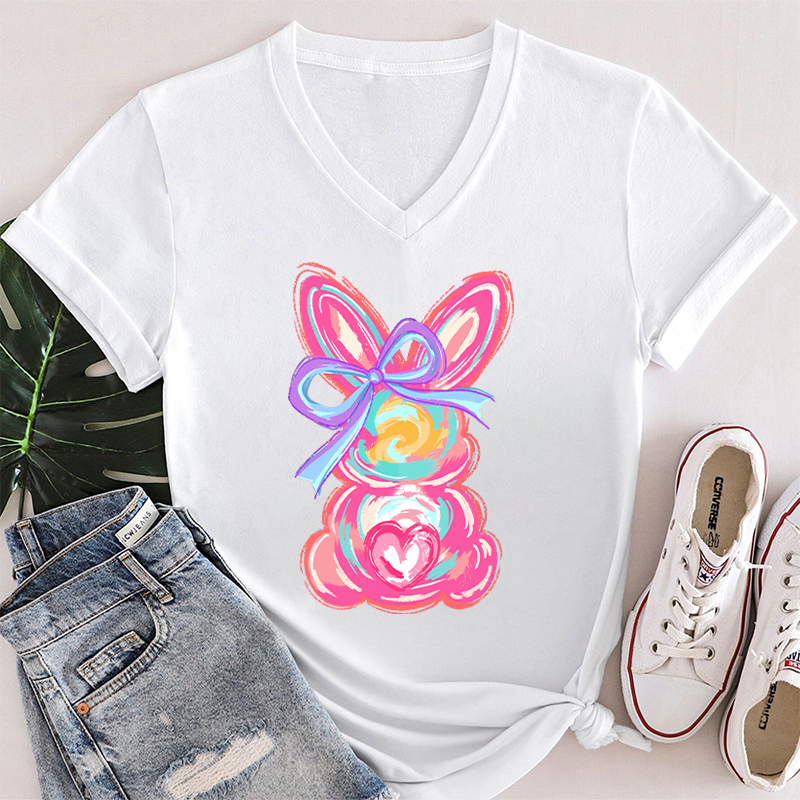 Colorful Bunny Happy Easter Teacher Teacher Female V-Neck T-Shirt