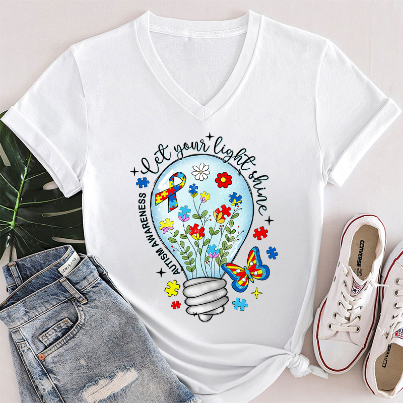 Let Your Light Shine Autism Awareness Teacher Female V-Neck T-Shirt
