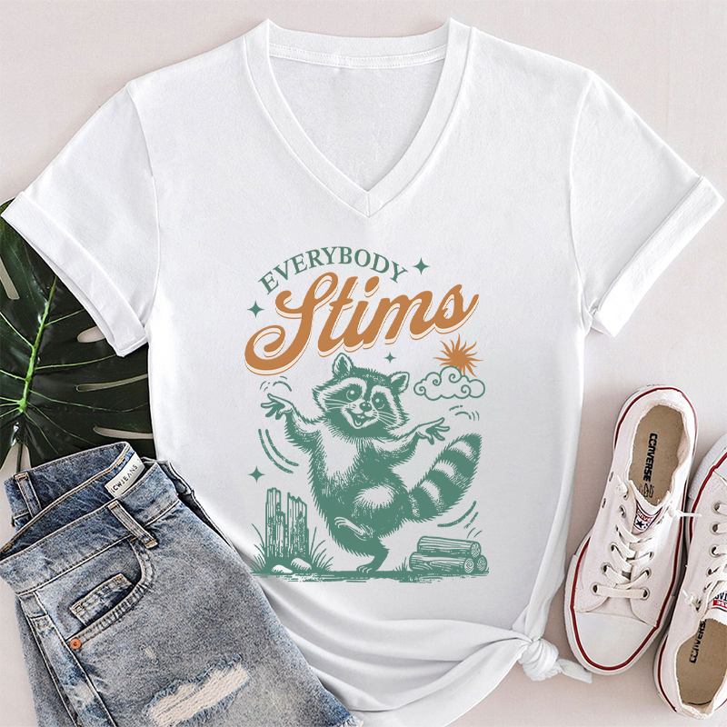 Neurodiversity Everybody Stims Teacher Female V-Neck T-Shirt