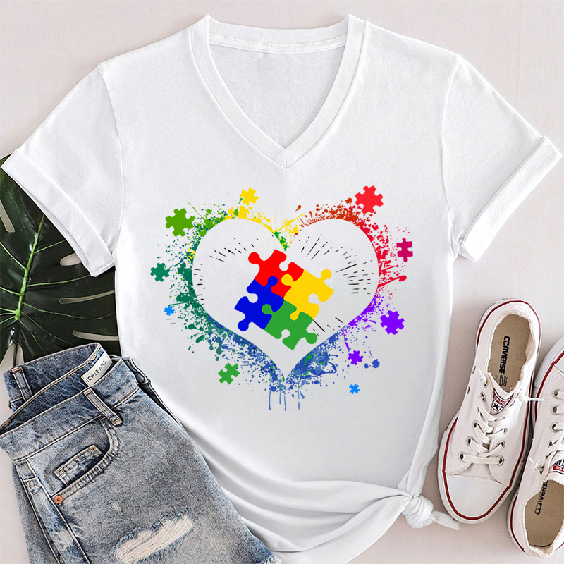 Autism Awareness Love Heart Teacher Female V-Neck T-Shirt