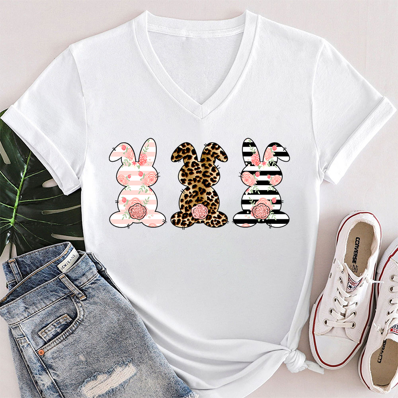 Cute Outstanding Bunnies Teacher Teacher Female V-Neck T-Shirt