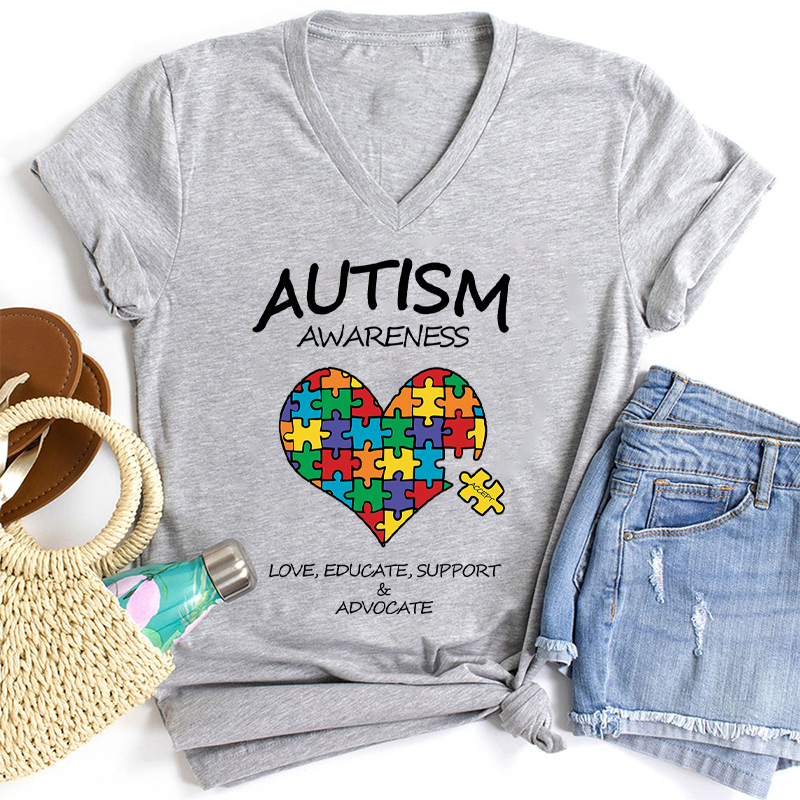 Love Educate Support Autism Awareness Teacher Female V-Neck T-Shirt