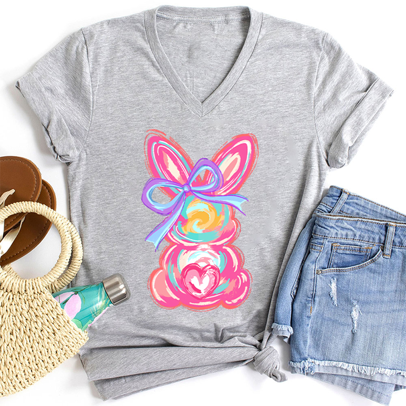 Colorful Bunny Happy Easter Teacher Teacher Female V-Neck T-Shirt