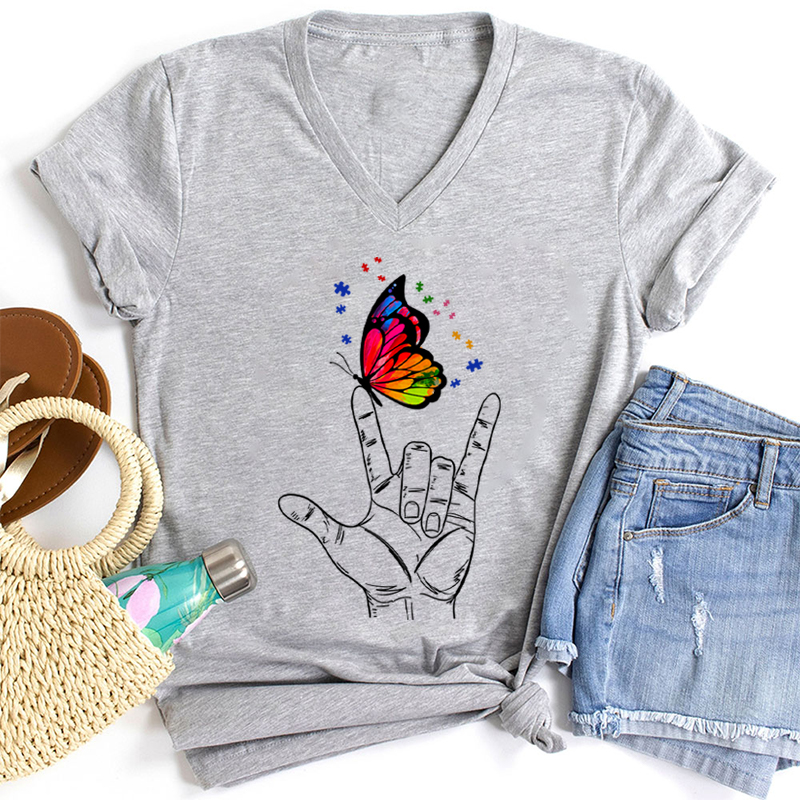 Love Sign Language Autism Butterfly Teacher Female V-Neck T-Shirt