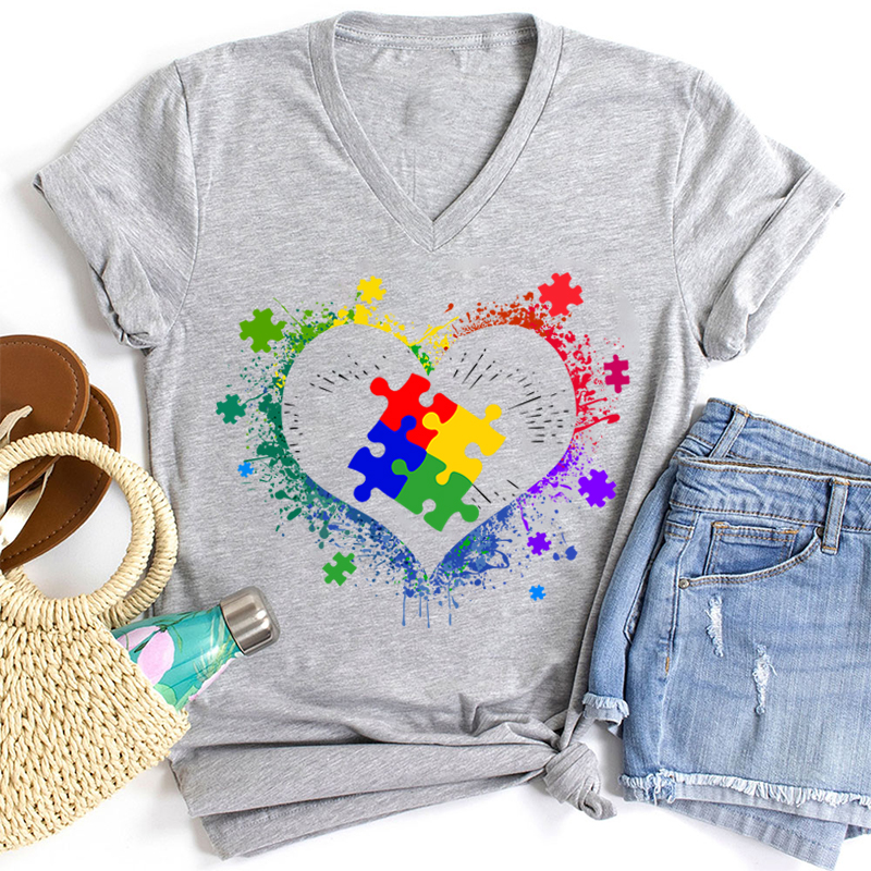 Autism Awareness Love Heart Teacher Female V-Neck T-Shirt
