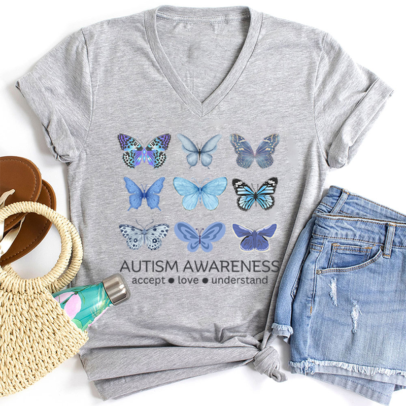 Autism Awareness Butterfly Teacher Female V-Neck T-Shirt
