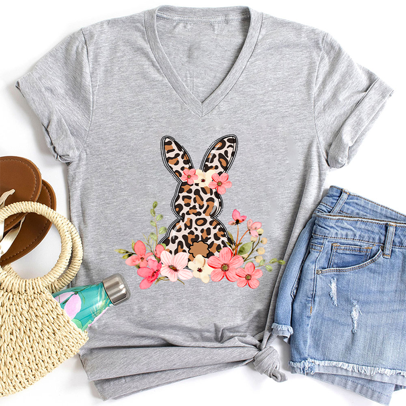 Leopard Floral Bunny Teacher Teacher Female V-Neck T-Shirt