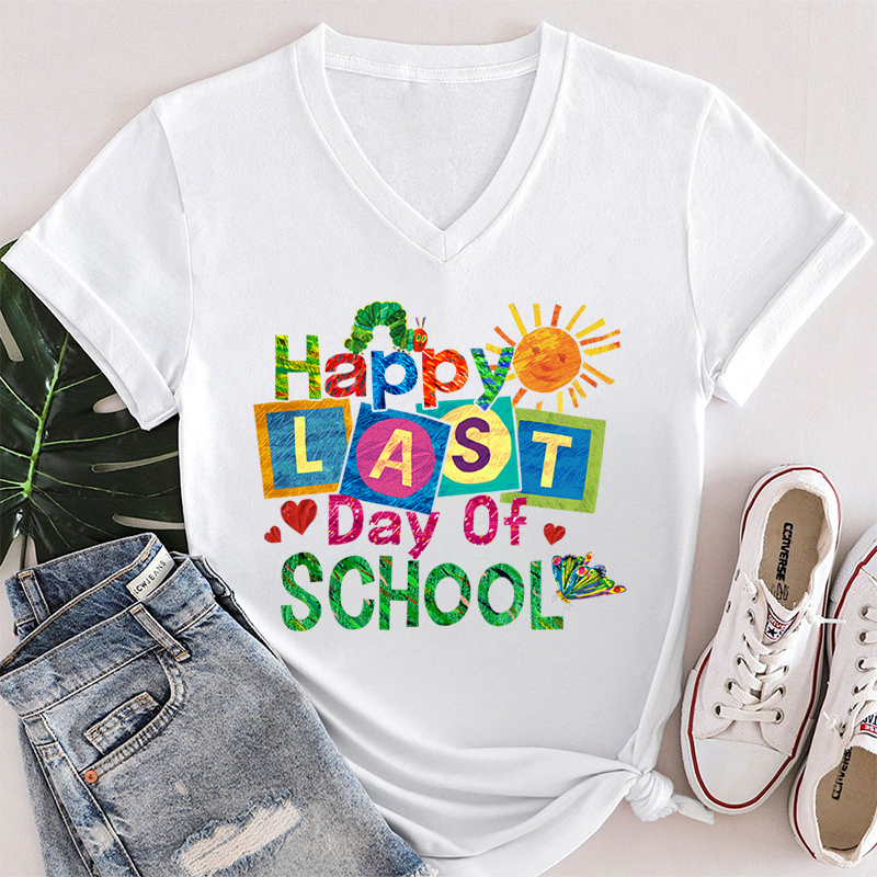 Summer Happy Last Day Of School Teacher Female V-Neck T-Shirt