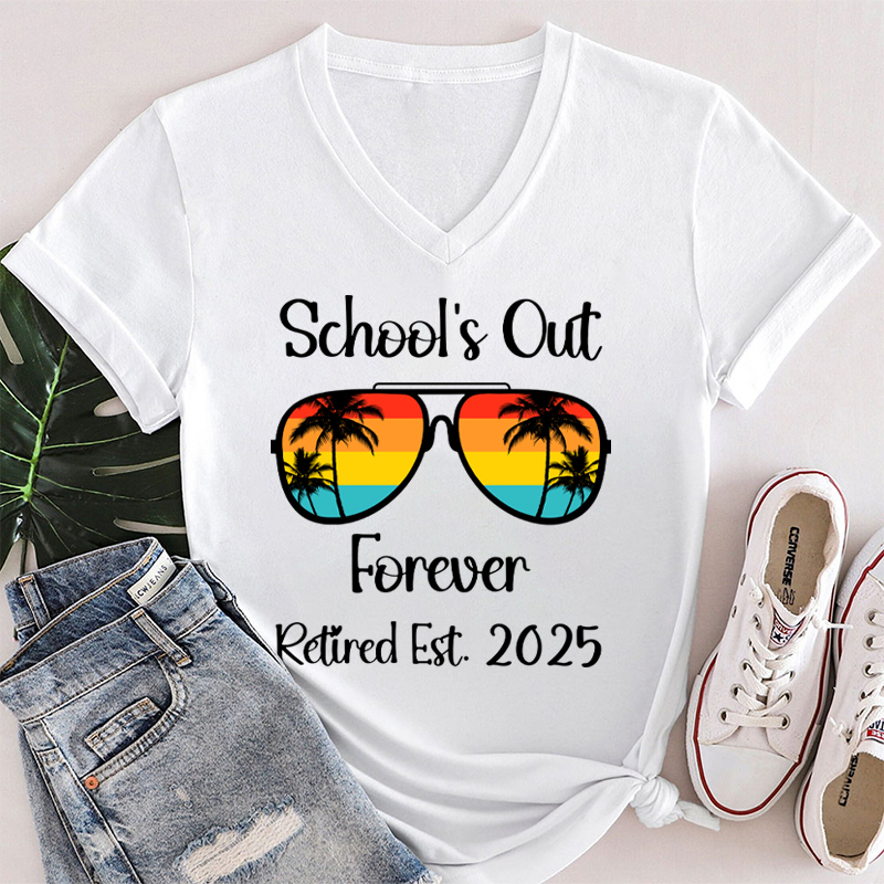 Personalized Retired Est School's Out Forever Teacher Female V-Neck T-Shirt