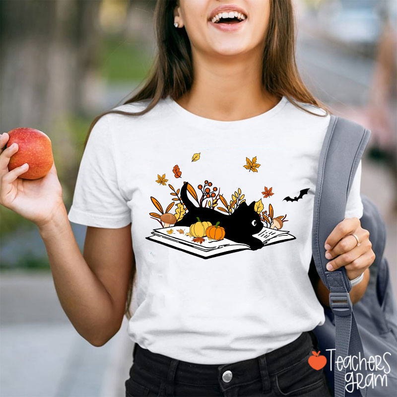Black Cat With Book Teacher T-Shirt