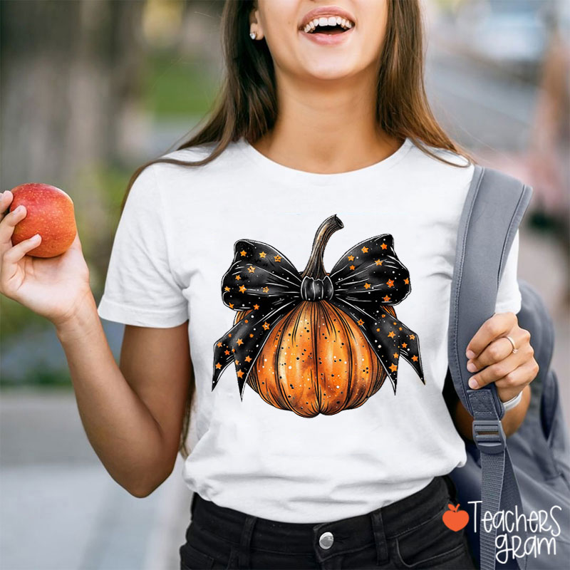 Coquette Stars Bow Pumpkin Teacher T-Shirt