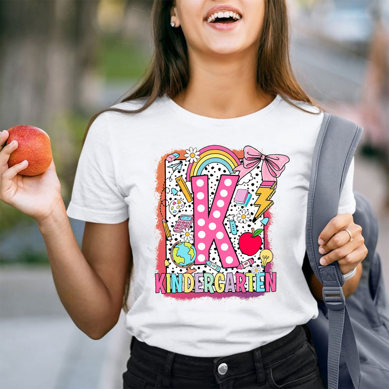 Personalized Pink Polka Dot Bow Grade Teacher T-Shirt