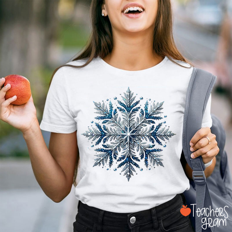 Shining Blue Snowflakes Winter Vibes Teacher T-Shirt