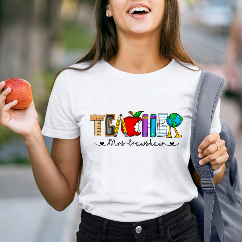 Personalized Name Cartoon Stationery Teacher Alphabet Teacher T-Shirt