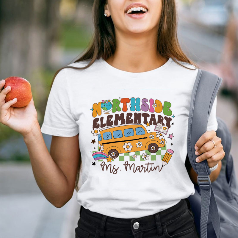 Personalized Get On The School Bus Bound For Happiness And Knowledge Teacher T-Shirt