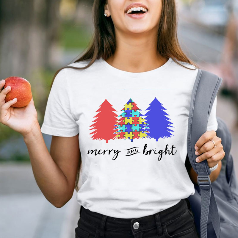 Merry And Bright Colorful Puzzle Teacher T-Shirt