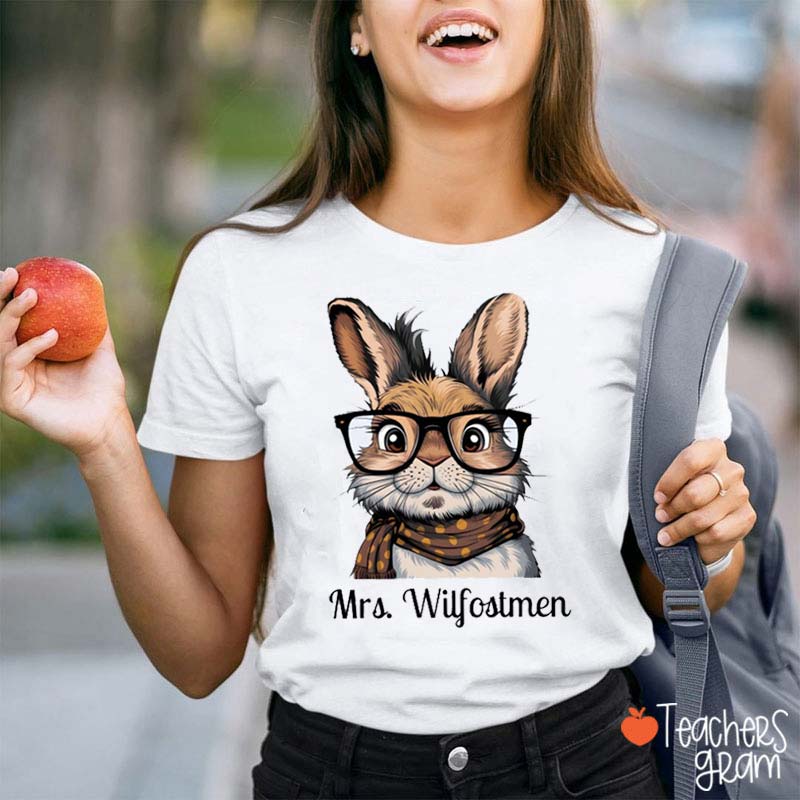 Personalized Fluffy Bunny With Glass Teacher Tee