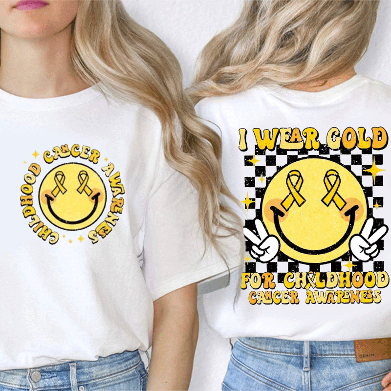 Smiley Face I Wear Gold For Childhood Cancer Awareness Teacher Two Sided T-Shirt