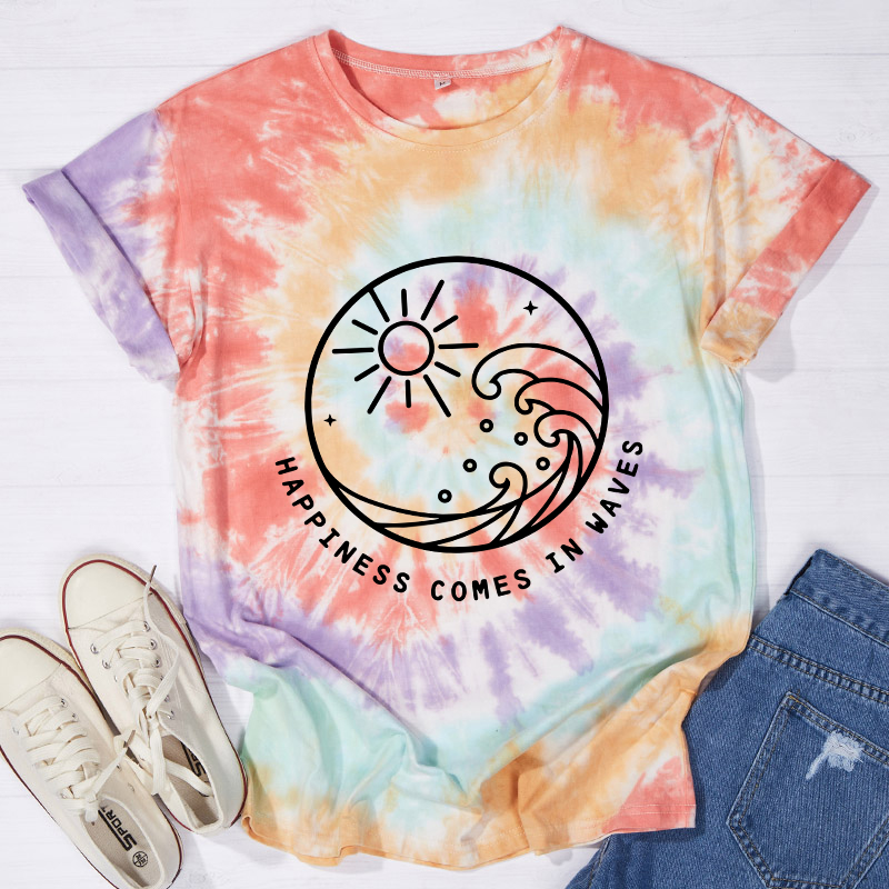 Happiness Comes In Waves Teacher Tie-dye T-Shirt