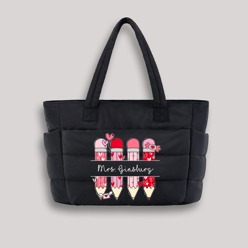Personalized Pink Pencil Name Teacher Puffy Tote Bag
