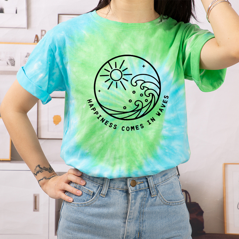 Happiness Comes In Waves Teacher Tie-dye T-Shirt
