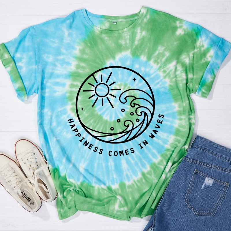 Happiness Comes In Waves Teacher Tie-dye T-Shirt