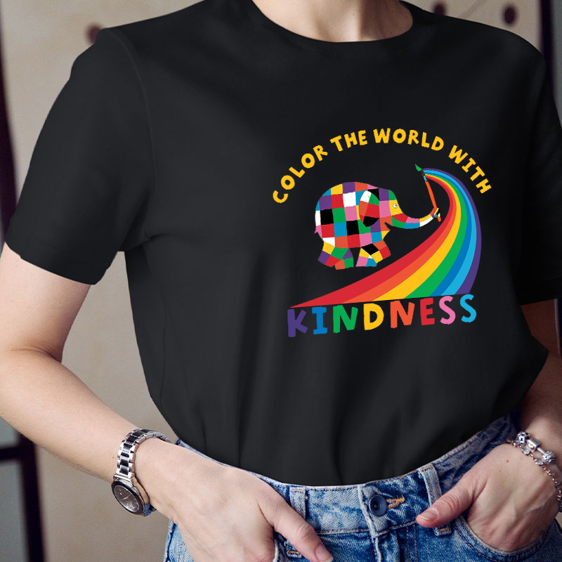 Elephant Elmer Color The World With Kindness Teacher T-Shirt