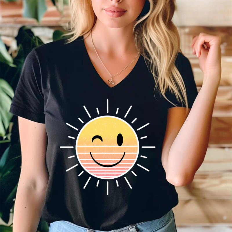 Sunshine Smiley Face Teacher Female V-Neck T-Shirt