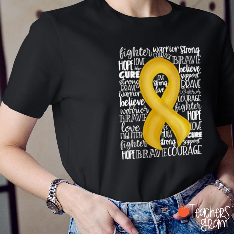 Gold Cancer Ribbon Childhood Cancer Awareness Teacher T-Shirt