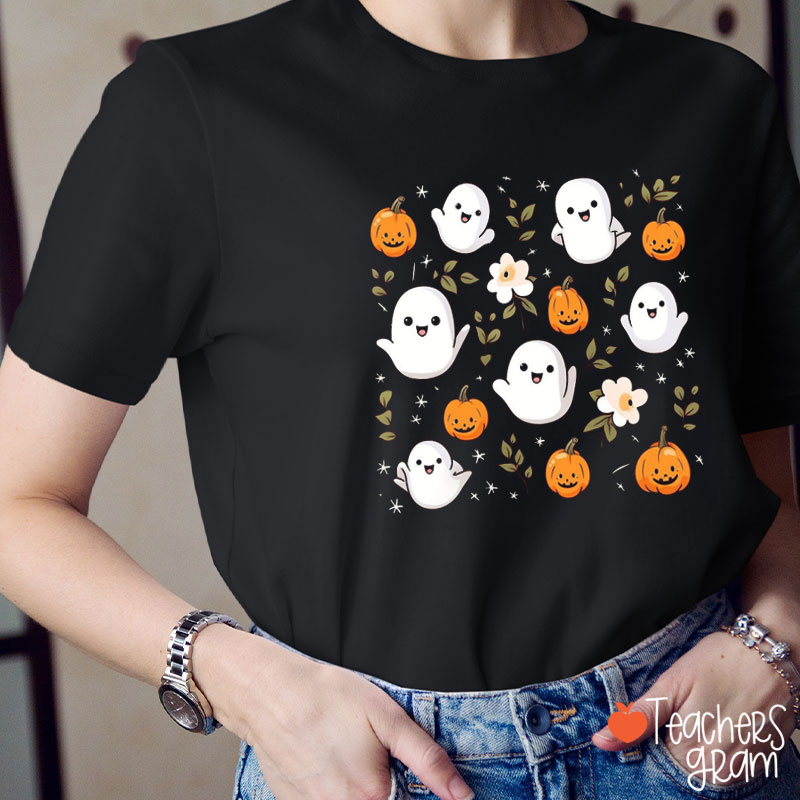 Flower Pumpkin And Ghost Teacher T-Shirt