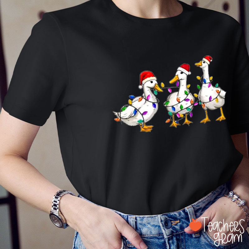 Christmas Ducks With Colorful Lights Teacher T-Shirt
