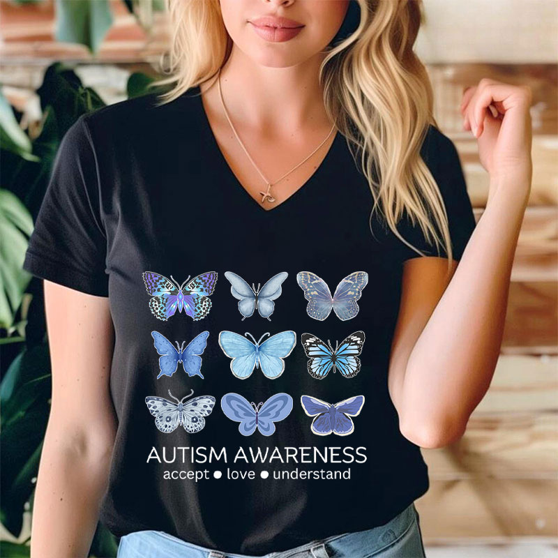 Autism Awareness Butterfly Teacher Female V-Neck T-Shirt