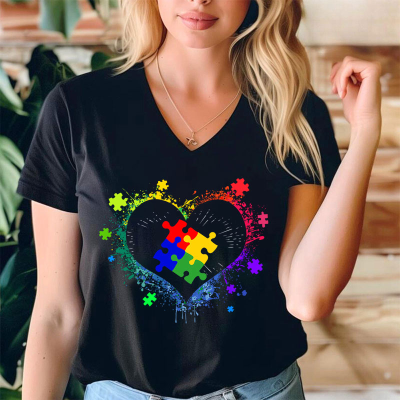 Autism Awareness Love Heart Teacher Female V-Neck T-Shirt