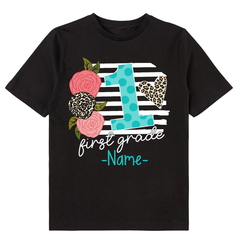 Personalized Flower And Leopard Heart Name Teacher Class T-Shirt