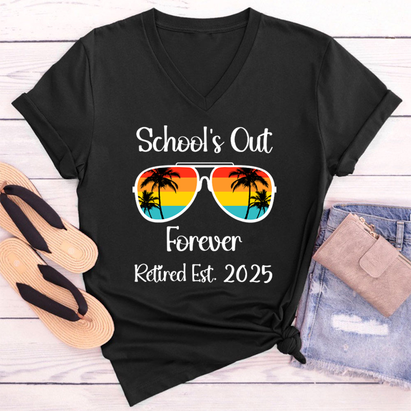 Personalized Retired Est School's Out Forever Teacher Female V-Neck T-Shirt