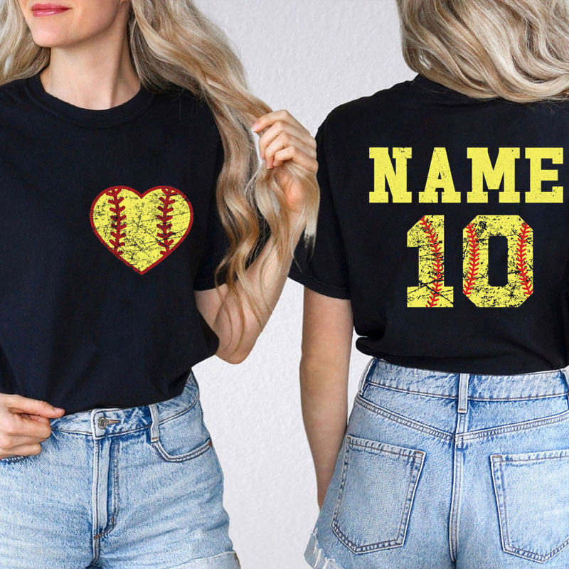 Personalized Softball Heart Name And Number Teacher Two Sided T-Shirt