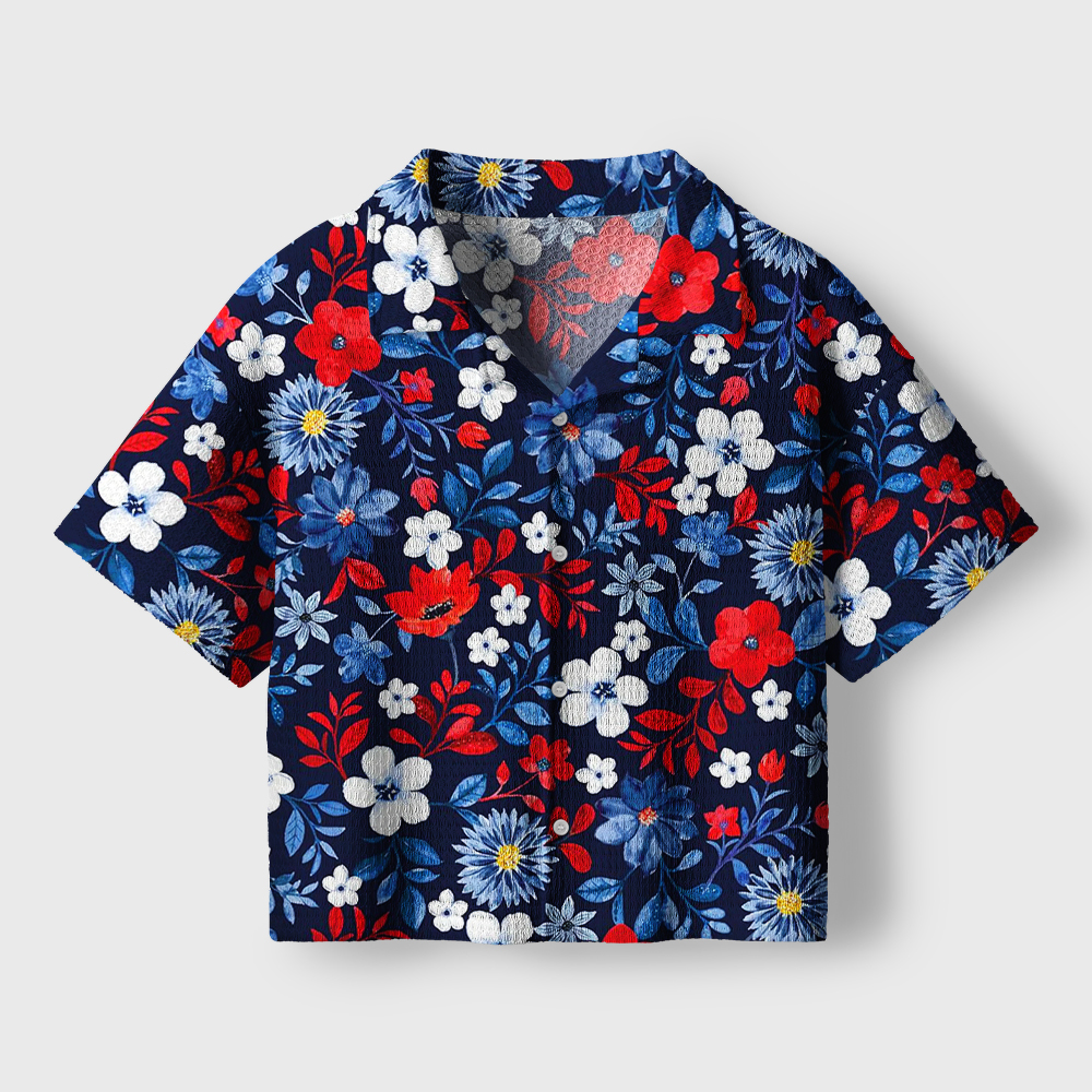Retro Red White Blue Floral Teacher Crochet Crop Camp Shirt