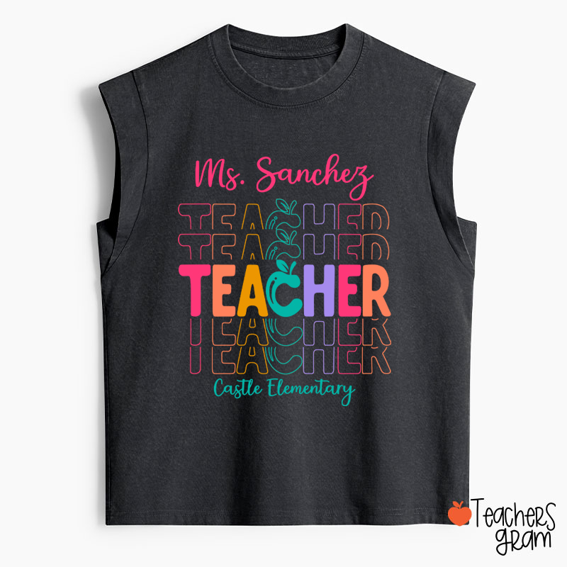 Personalized Colorful Apple Teacher Washed Tank Top