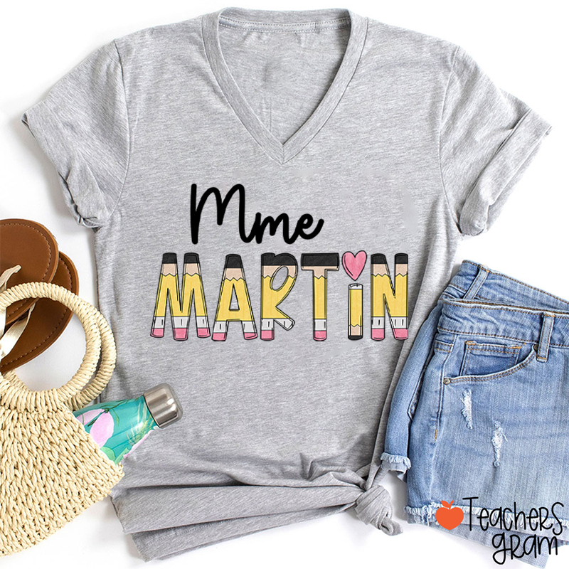 Personalized Pencil Name Teacher Female V-Neck T-Shirt