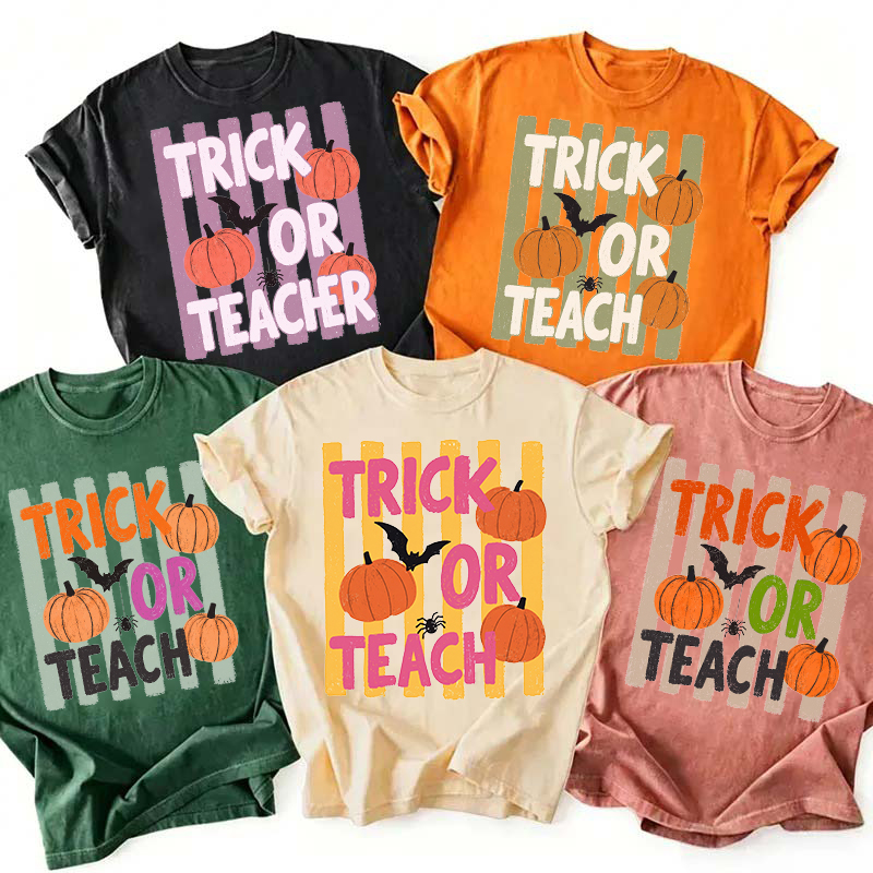 Personalized Trick Or Teach Pumpkin Bat Spider Halloween Teacher T-Shirt