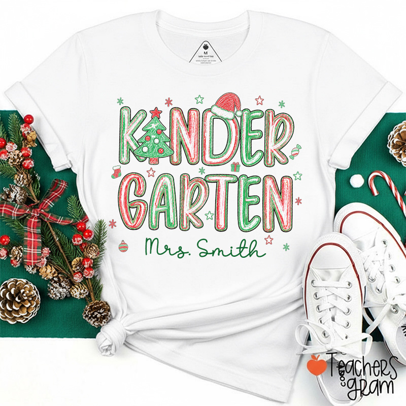 Personalized Name Kindergarten Christmas Doodle Teacher T-Shirt