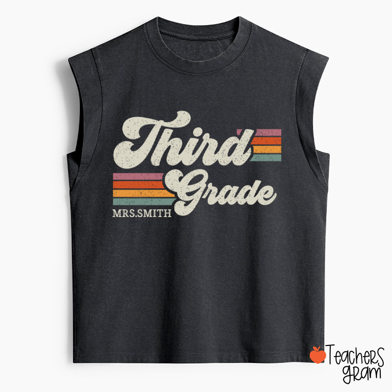 Personalized Grade And Name Retro Horizontal Stripes Teacher Washed Tank Top